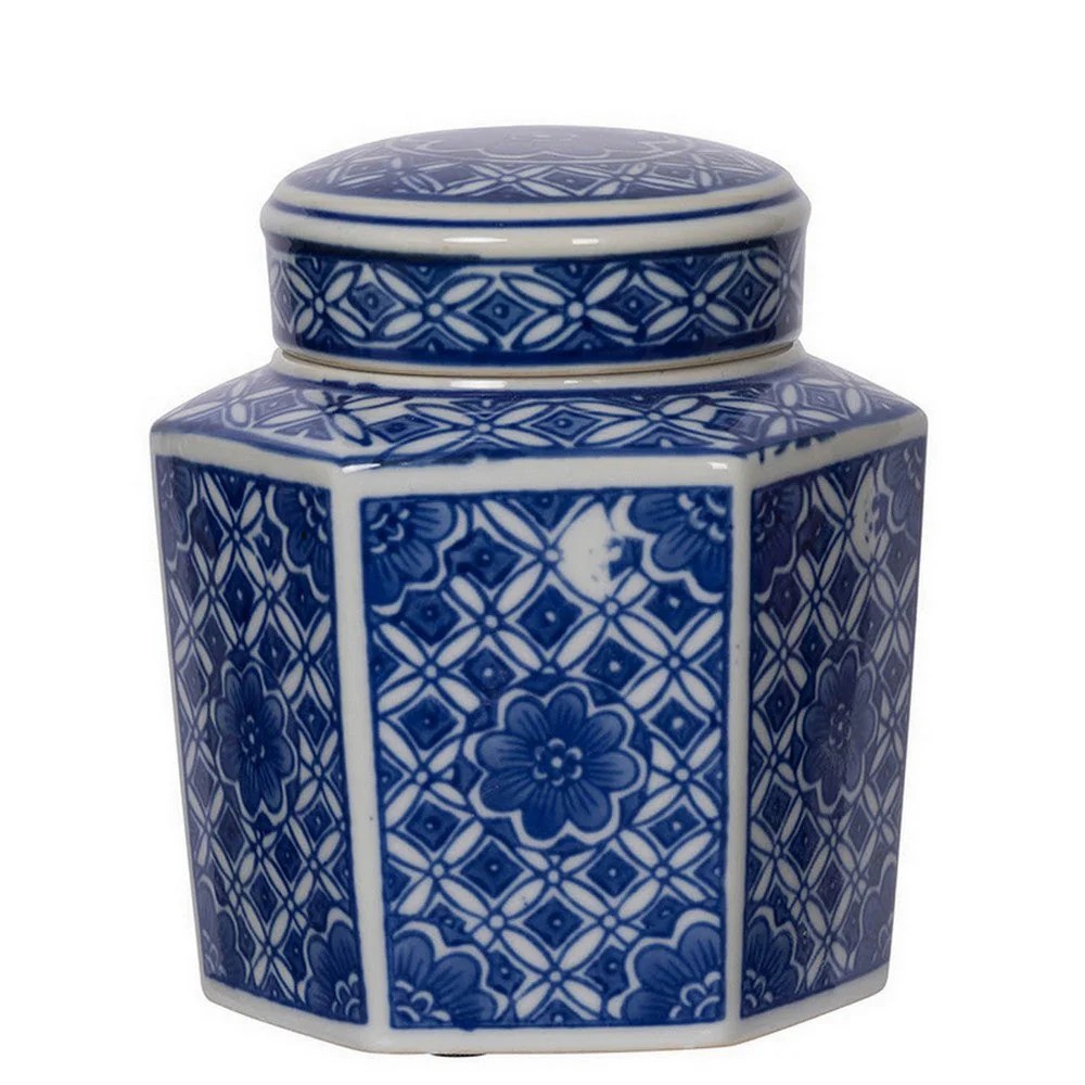 All Nested Persian Blue Floral Curved Lidded Jars (Set of 3) - 6, 6, 7 Inch Porcelain Decorative Jars with Lids