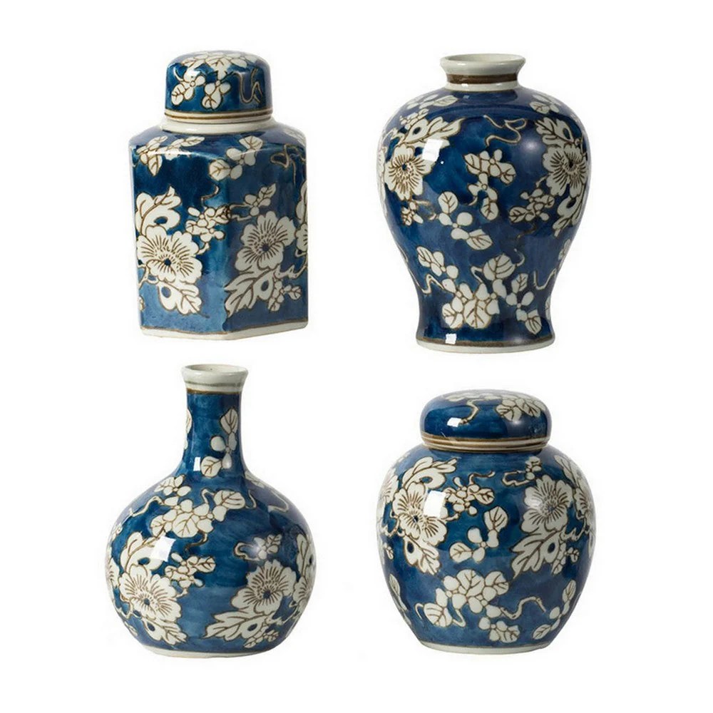 Blue & White Ceramic Lidded Jars & Vases Set of 4 - Modern Farmhouse Decor, Curved Round Accent Pieces, Decorative Storage