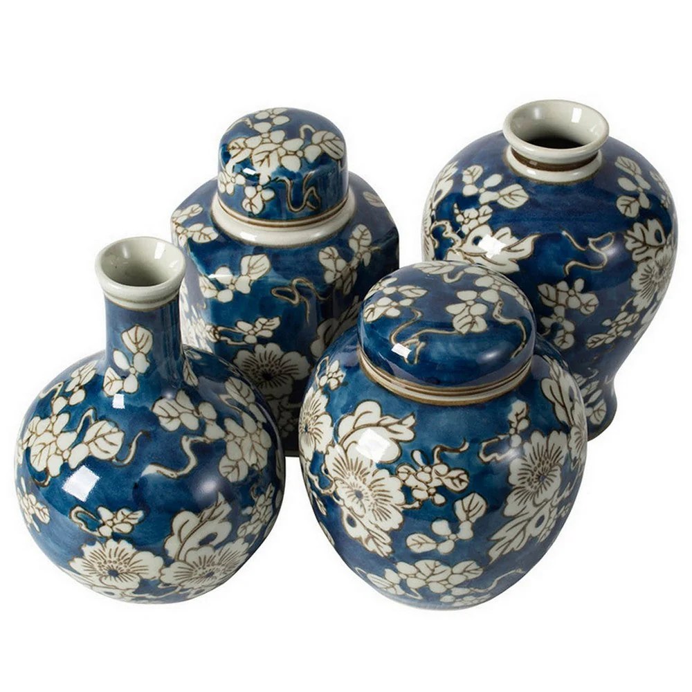 Blue & White Ceramic Lidded Jars & Vases Set of 4 - Modern Farmhouse Decor, Curved Round Accent Pieces, Decorative Storage