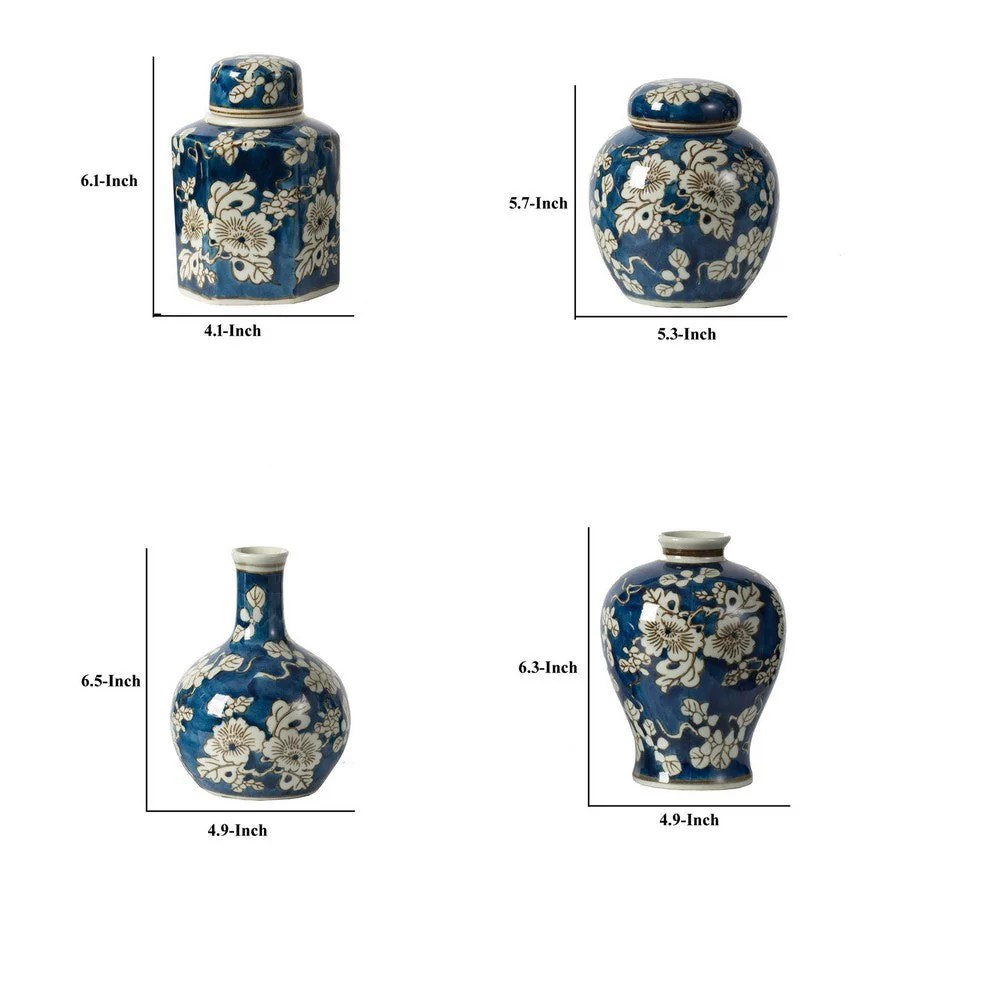 Blue & White Ceramic Lidded Jars & Vases Set of 4 - Modern Farmhouse Decor, Curved Round Accent Pieces, Decorative Storage