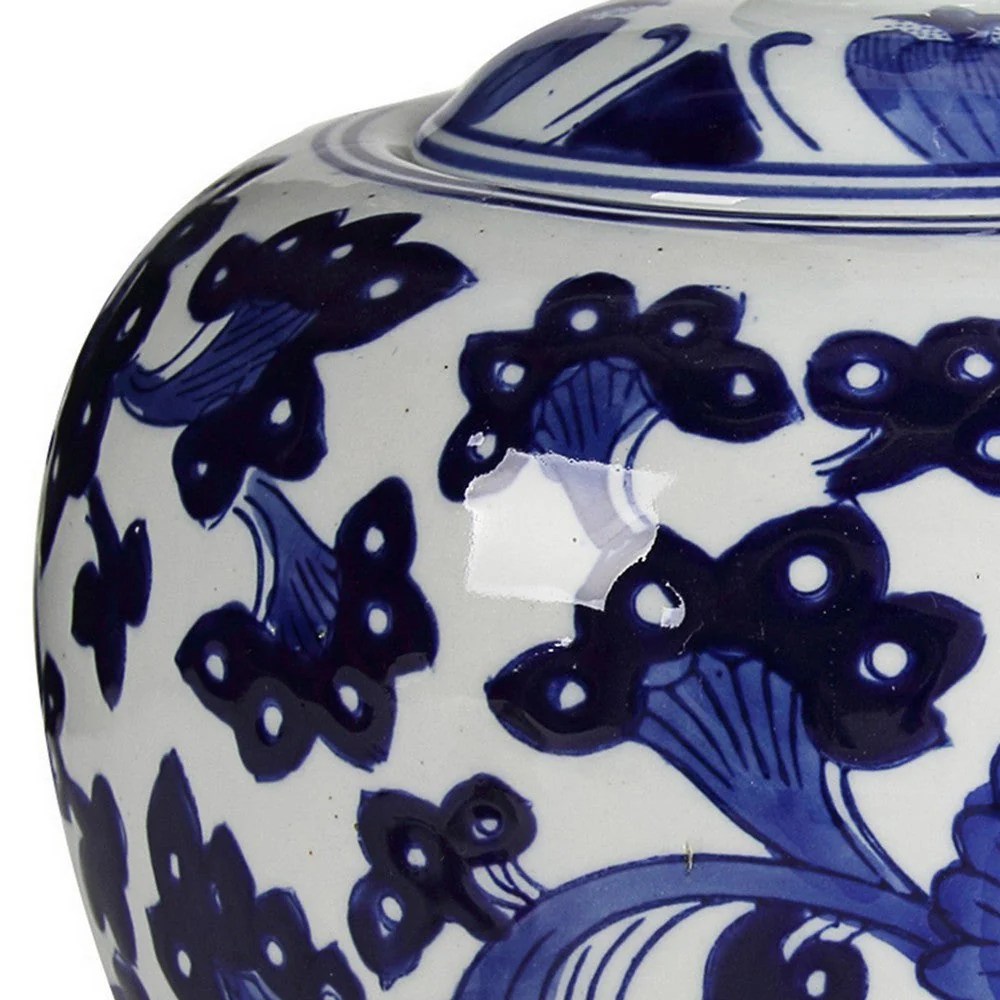 10 Inch Blue & White Porcelain Lidded Jar, Round Persian Floral Ginger Jar, Decorative Accent, Modern Home Decor