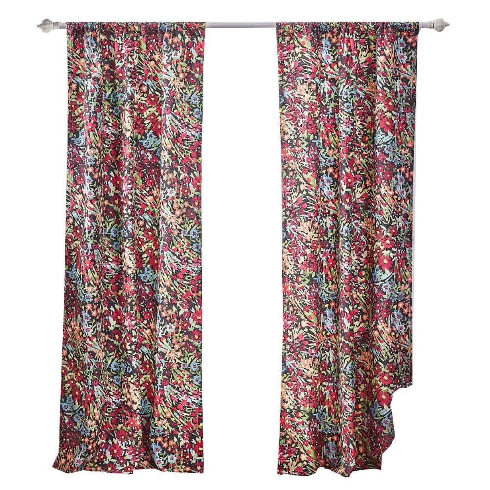 84 Inch Red & Pink Reed Print Window Panel Curtains, Rod Pocket, 2 Panels, Tiebacks, Polyester Microfiber, Lined, Privacy, Sun Protection