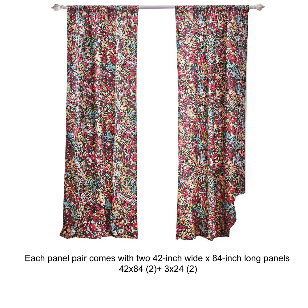 84 Inch Red & Pink Reed Print Window Panel Curtains, Rod Pocket, 2 Panels, Tiebacks, Polyester Microfiber, Lined, Privacy, Sun Protection