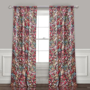 84 Inch Red & Pink Reed Print Window Panel Curtains, Rod Pocket, 2 Panels, Tiebacks, Polyester Microfiber, Lined, Privacy, Sun Protection