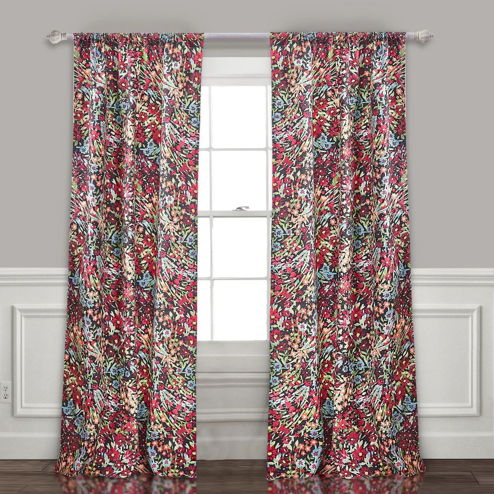 84 Inch Red & Pink Reed Print Window Panel Curtains, Rod Pocket, 2 Panels, Tiebacks, Polyester Microfiber, Lined, Privacy, Sun Protection