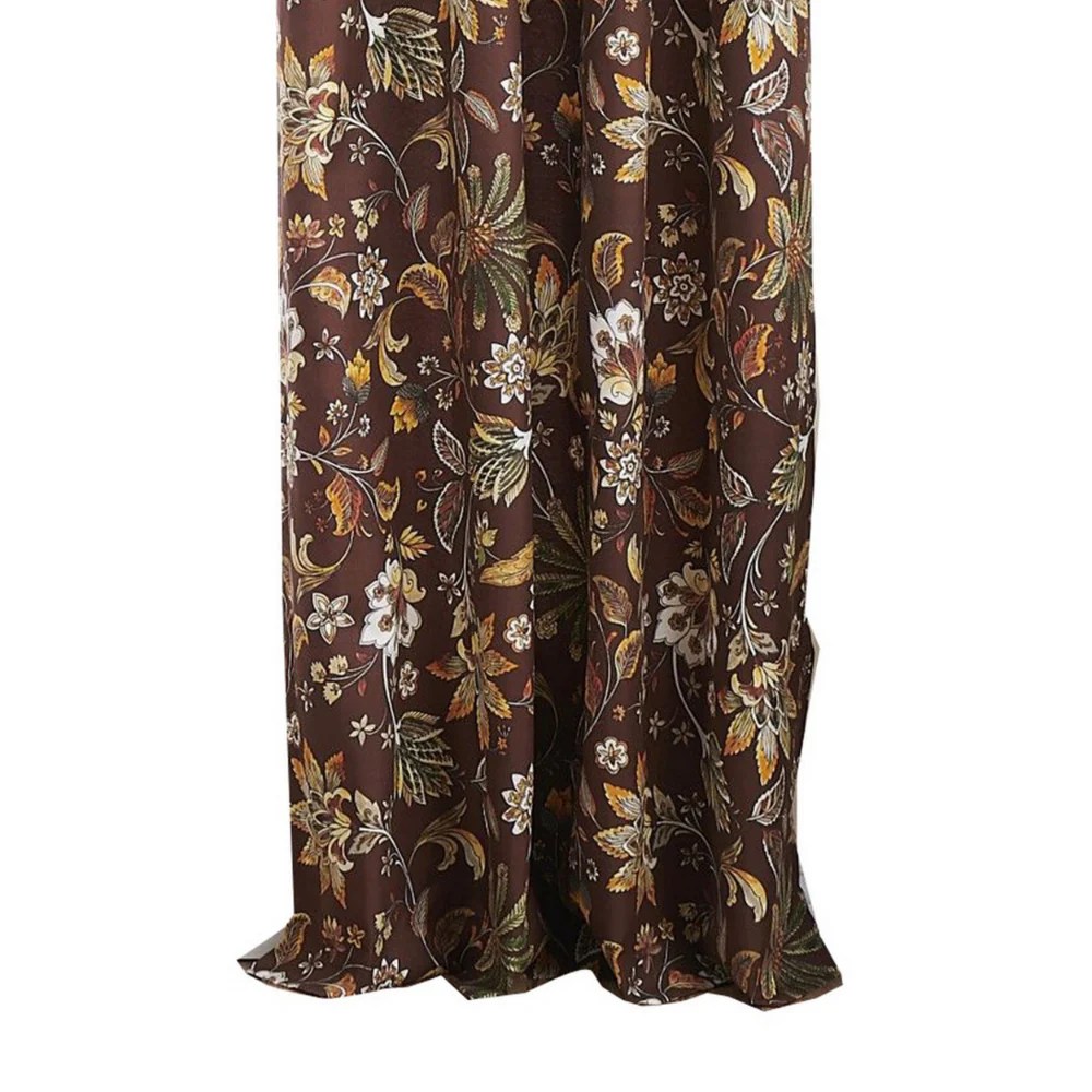 Athens 84 Inch Jacquard Panel Curtains - Brown Microfiber Polyester, Floral Jacobean Print, 2 Panels + Tiebacks, Rod Pocket, Lined, Machine Washable