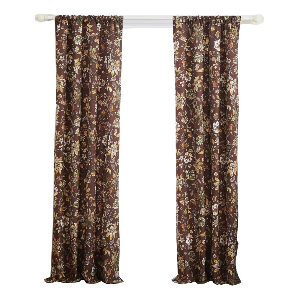 Athens 84 Inch Jacquard Panel Curtains - Brown Microfiber Polyester, Floral Jacobean Print, 2 Panels + Tiebacks, Rod Pocket, Lined, Machine Washable