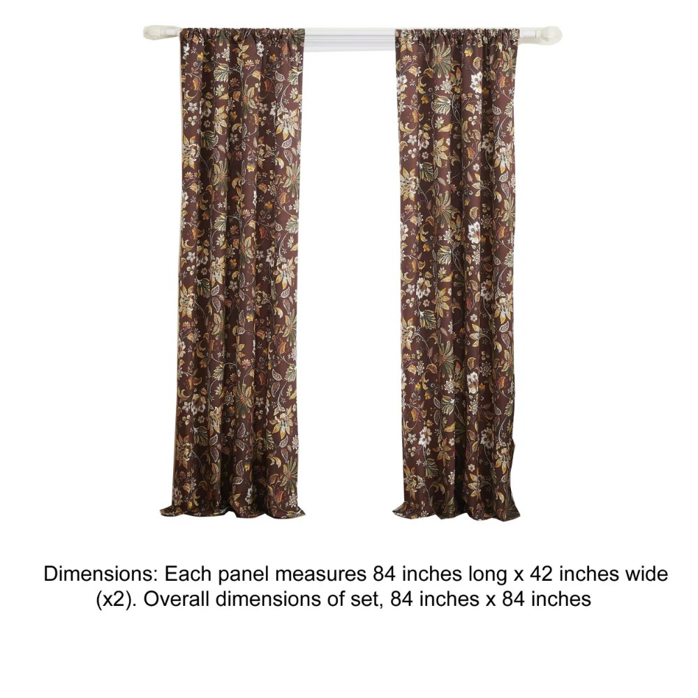 Athens 84 Inch Jacquard Panel Curtains - Brown Microfiber Polyester, Floral Jacobean Print, 2 Panels + Tiebacks, Rod Pocket, Lined, Machine Washable