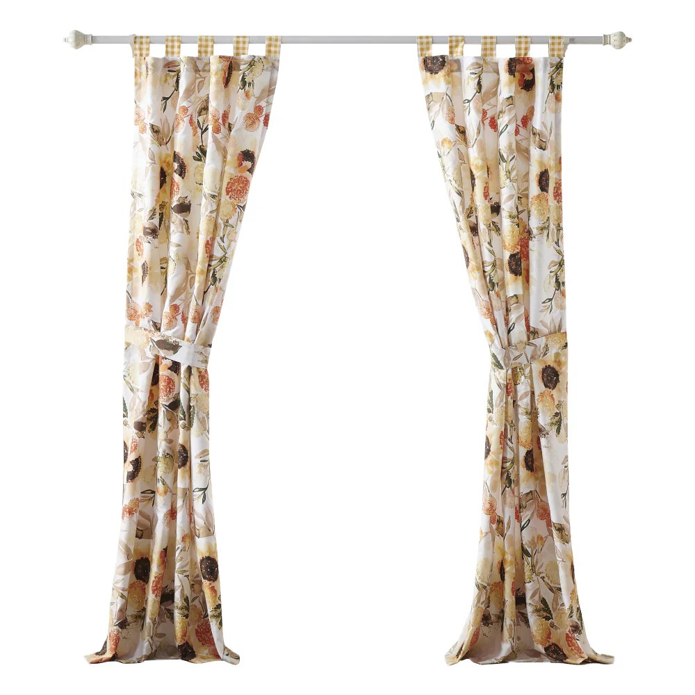 Kelsa Watercolor Sunflower Curtains, 84x42 Inch, Gold Gingham Ruffles, Tab Top, Blackout, Microfiber, Set of 2