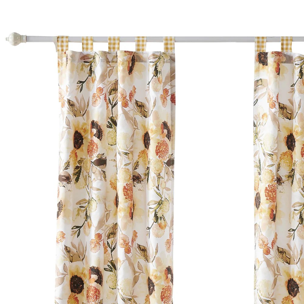 Kelsa Watercolor Sunflower Curtains, 84x42 Inch, Gold Gingham Ruffles, Tab Top, Blackout, Microfiber, Set of 2