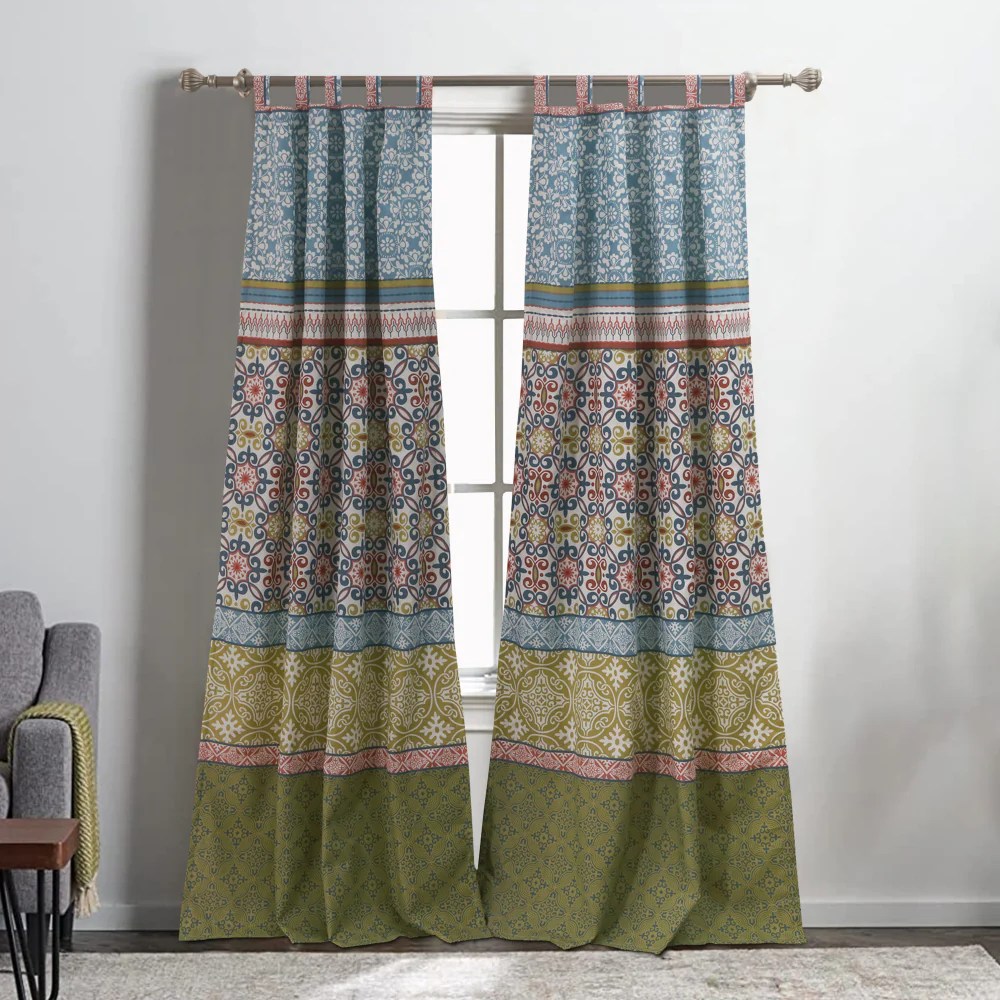 Kaw 84x42 Inch Multicolor Geometric Polyester Tab Top Curtains, Privacy Light Blocking, Bohemian Mid Century Modern Window Panel Set (2 Panels & Tiebacks)