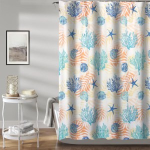 72 Inch Shower Curtain, White Blue Seashells Ferns Polyester Beach Bathroom Decor