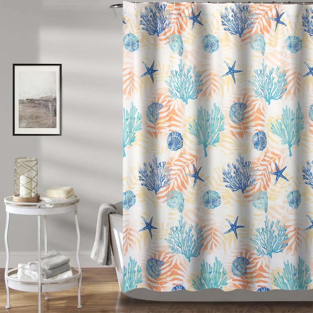 72 Inch Shower Curtain, White Blue Seashells Ferns Polyester Beach Bathroom Decor
