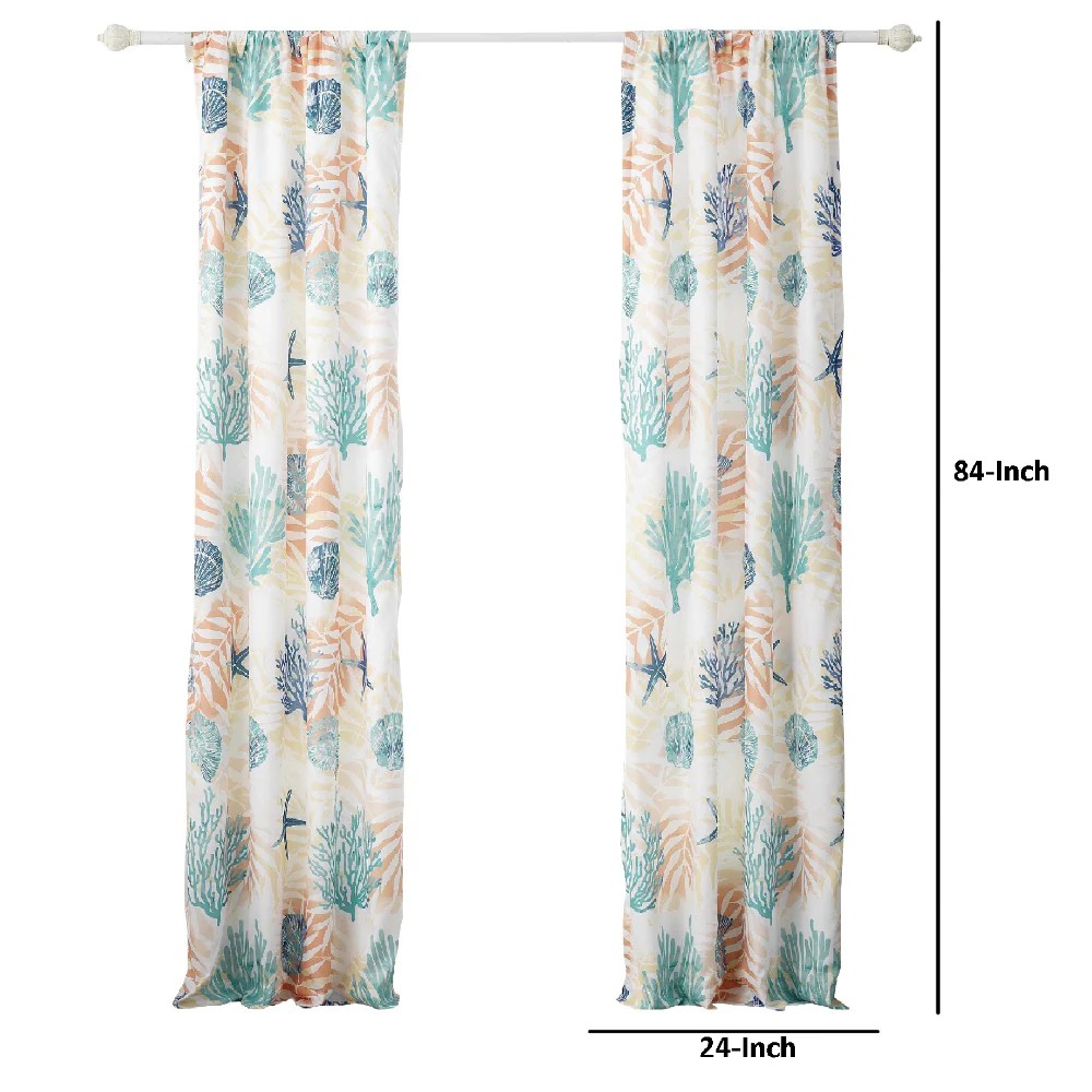 Geo 84 Inch White Blue Seashell Fern Window Curtains, Polyester, 2 Panels, Tiebacks, Lined, Beach Decor