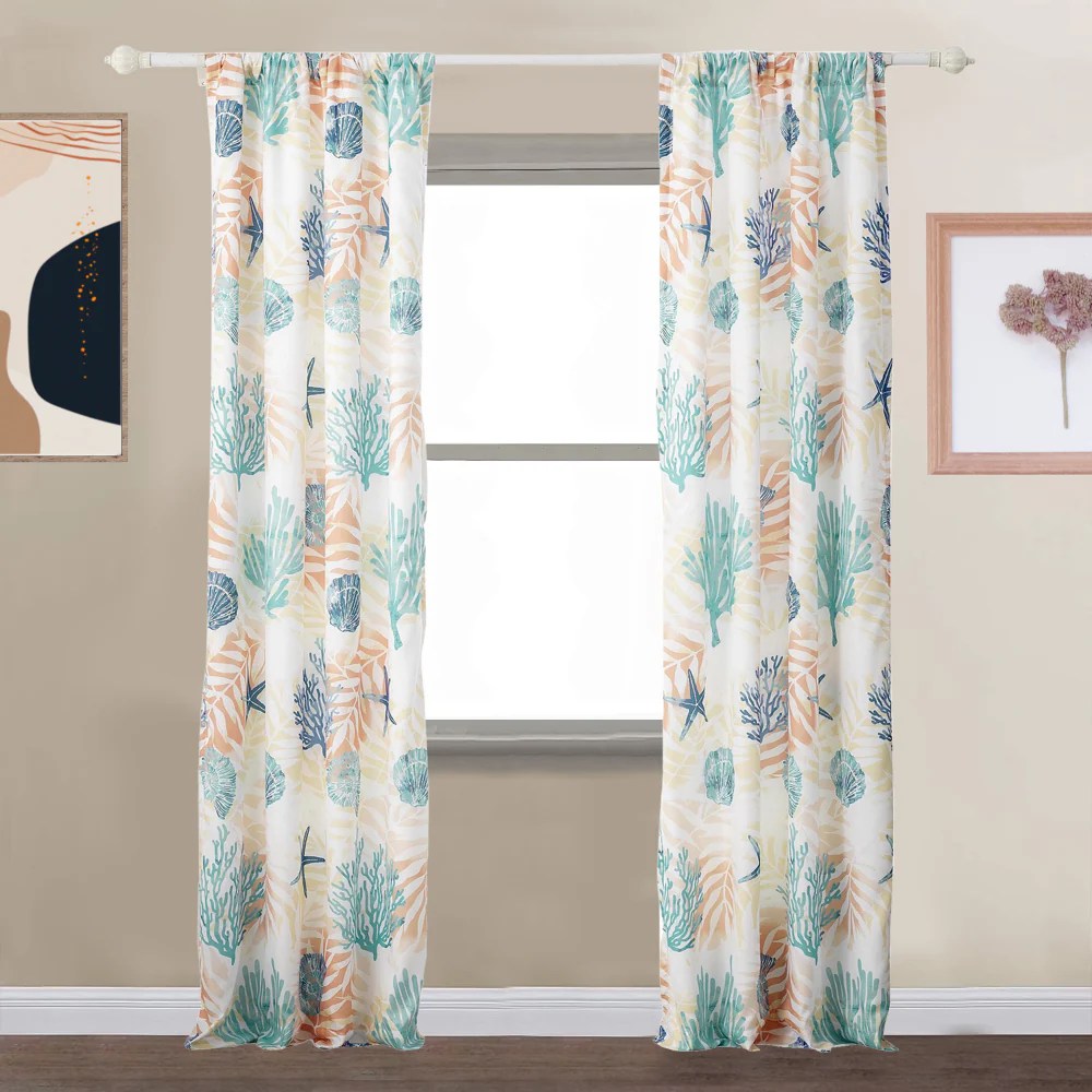 Geo 84 Inch White Blue Seashell Fern Window Curtains, Polyester, 2 Panels, Tiebacks, Lined, Beach Decor
