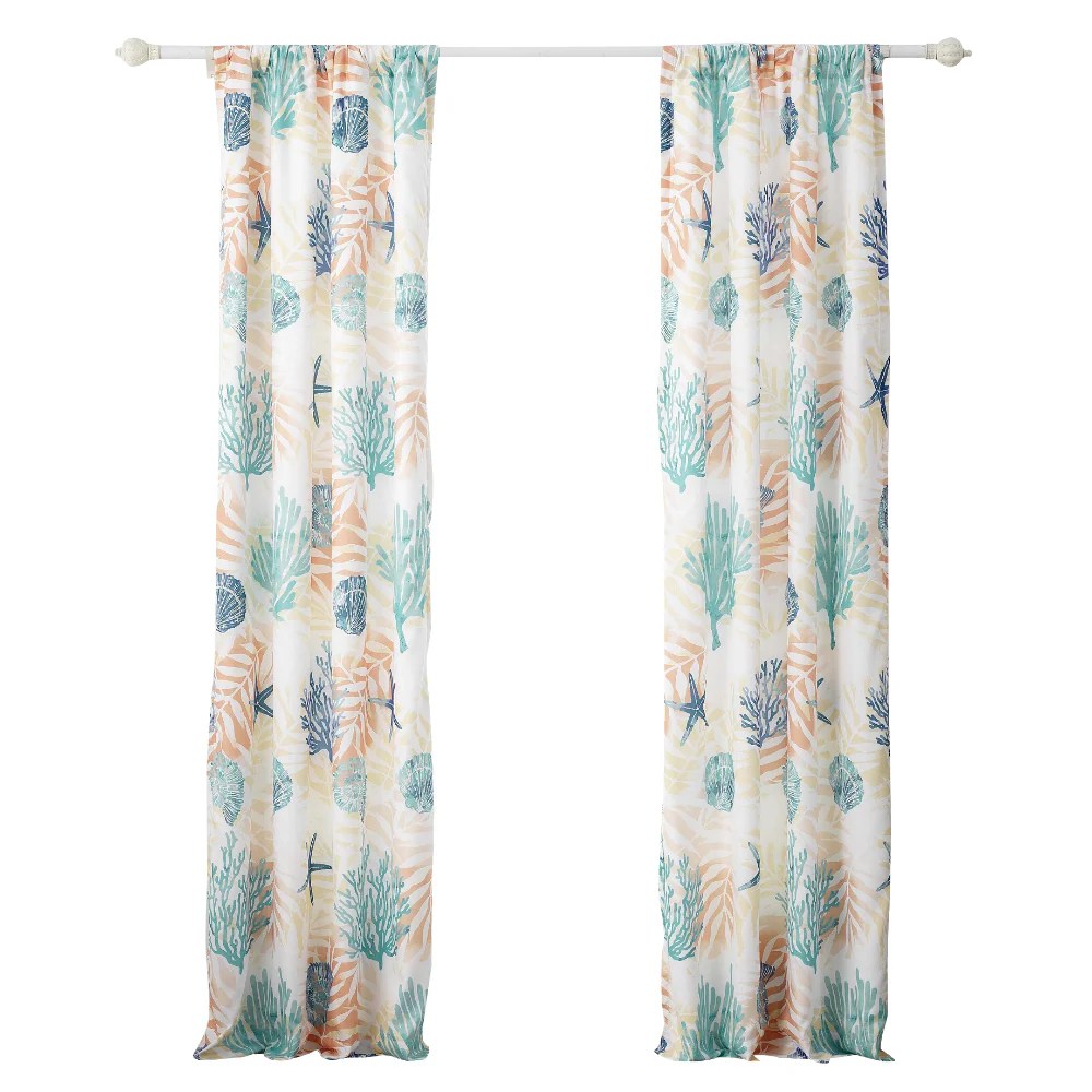 Geo 84 Inch White Blue Seashell Fern Window Curtains, Polyester, 2 Panels, Tiebacks, Lined, Beach Decor