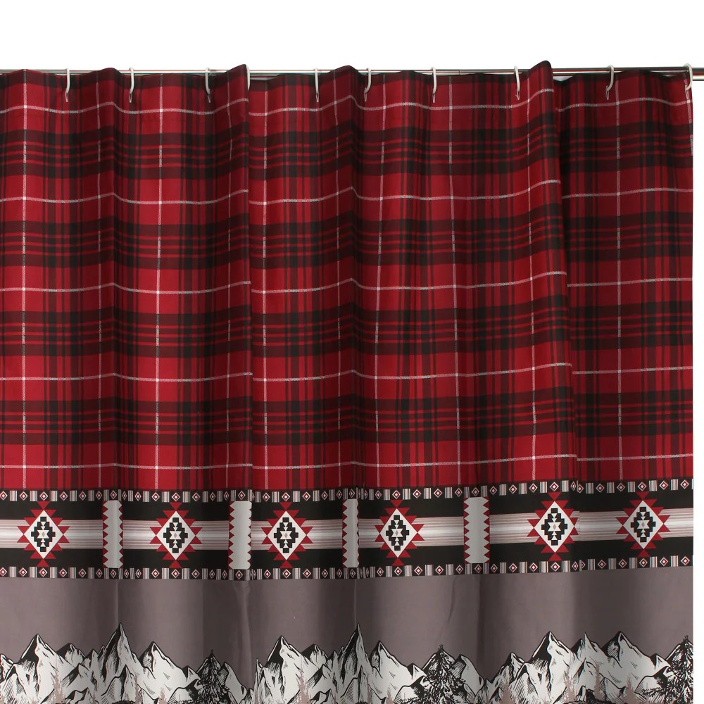 Sofia 72 Inch Red Black Plaid Bear Shower Curtain - Polyester Microfiber Bathroom Decor
