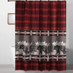 Sofia 72 Inch Red Black Plaid Bear Shower Curtain - Polyester Microfiber Bathroom Decor