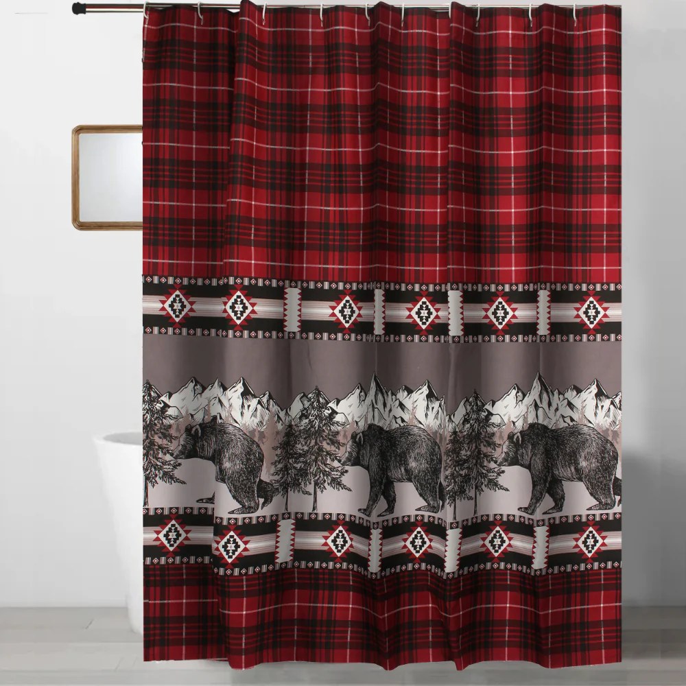 Sofia 72 Inch Red Black Plaid Bear Shower Curtain - Polyester Microfiber Bathroom Decor
