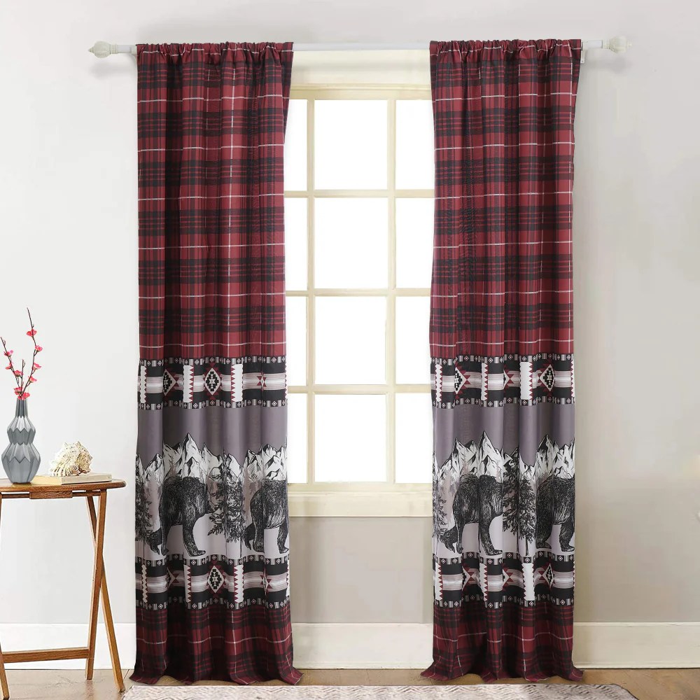 Sofia 84 Inch Red Black Plaid Bear Panel Curtains, Microfiber Polyester, Insulated, 2 Panels & Tiebacks, 42x84 Inches