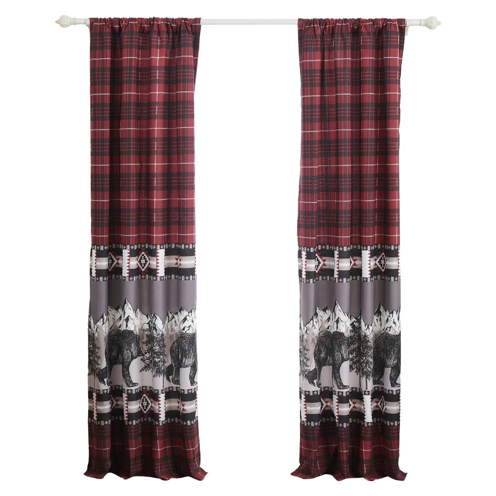 Sofia 84 Inch Red Black Plaid Bear Panel Curtains, Microfiber Polyester, Insulated, 2 Panels & Tiebacks, 42x84 Inches