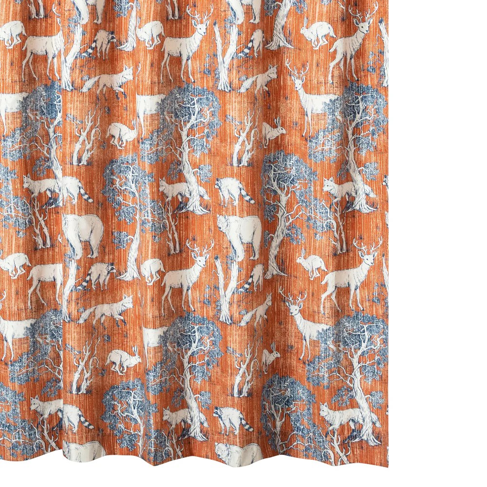 Gin 72x72 Inch Orange Microfiber Shower Curtain, Deer Bear Mountain Fauna Print, Waterproof Liner Ready, Machine Washable