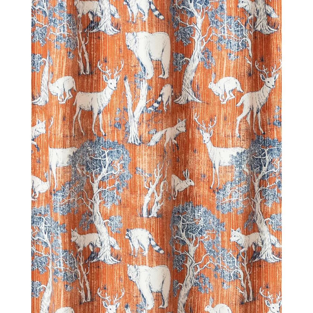 Gin 72x72 Inch Orange Microfiber Shower Curtain, Deer Bear Mountain Fauna Print, Waterproof Liner Ready, Machine Washable