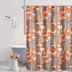 Gin 72x72 Inch Orange Microfiber Shower Curtain, Deer Bear Mountain Fauna Print, Waterproof Liner Ready, Machine Washable