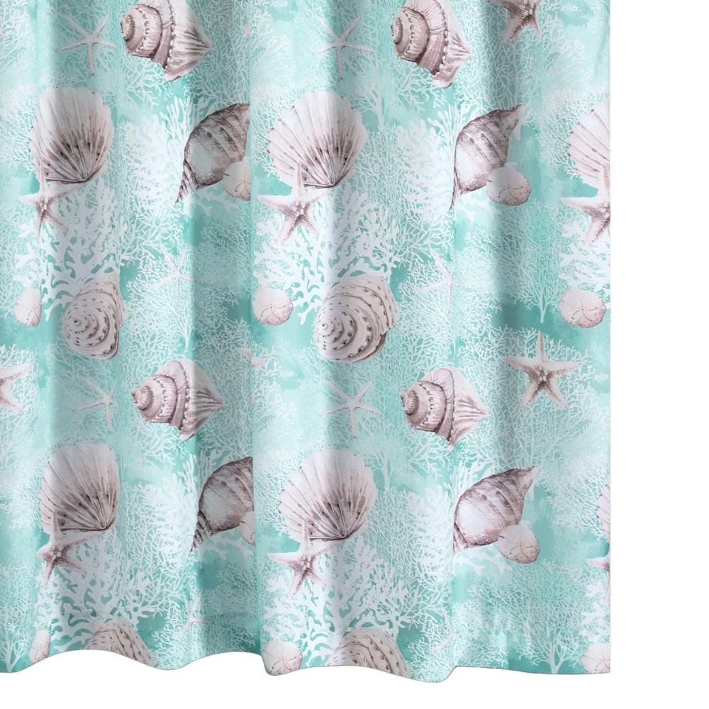 Coastal Conch Shell Shower Curtain, 72x72 Inch Microfiber, Light Blue, Waterproof Liner Compatible, Machine Washable