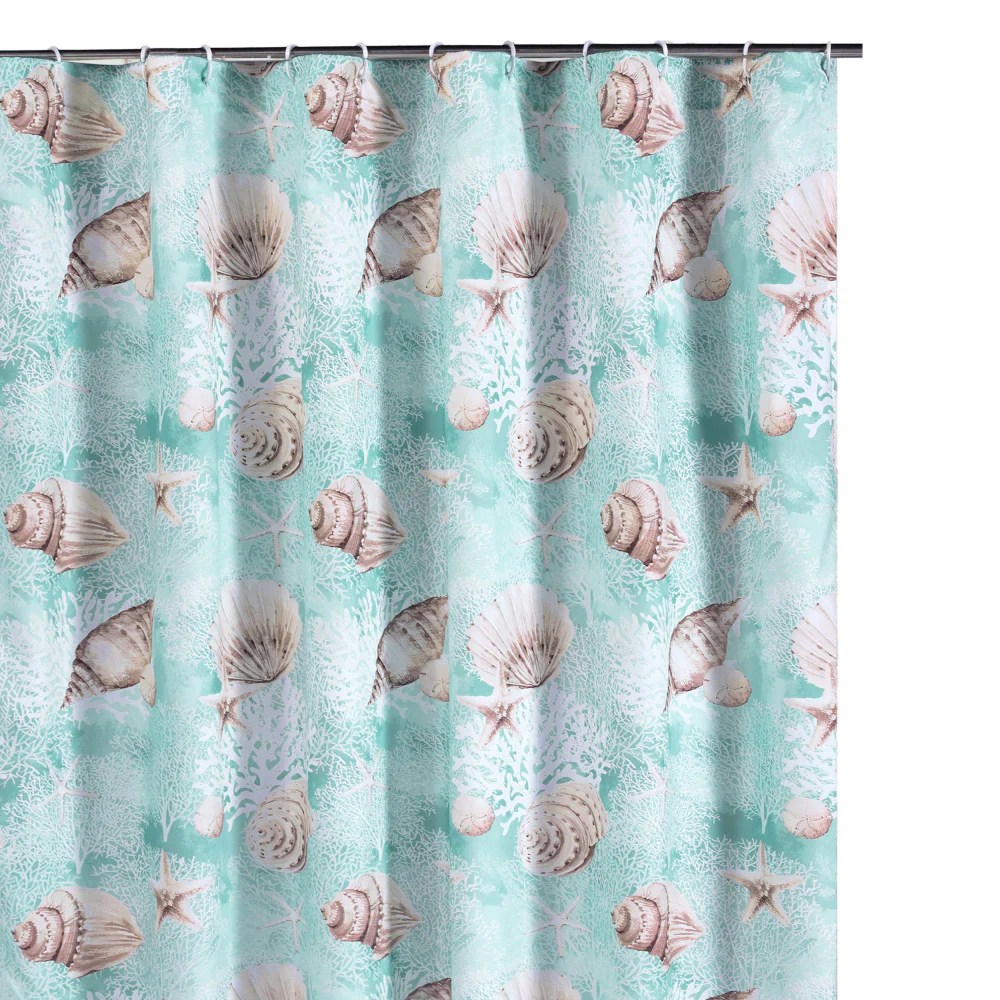 Coastal Conch Shell Shower Curtain, 72x72 Inch Microfiber, Light Blue, Waterproof Liner Compatible, Machine Washable