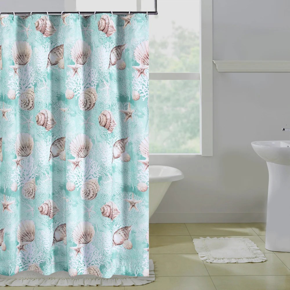 Coastal Conch Shell Shower Curtain, 72x72 Inch Microfiber, Light Blue, Waterproof Liner Compatible, Machine Washable