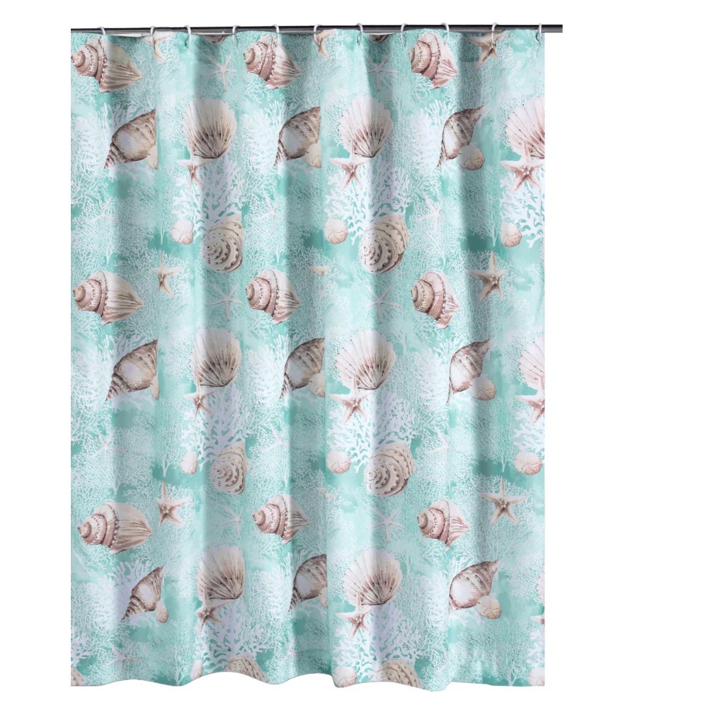 Coastal Conch Shell Shower Curtain, 72x72 Inch Microfiber, Light Blue, Waterproof Liner Compatible, Machine Washable