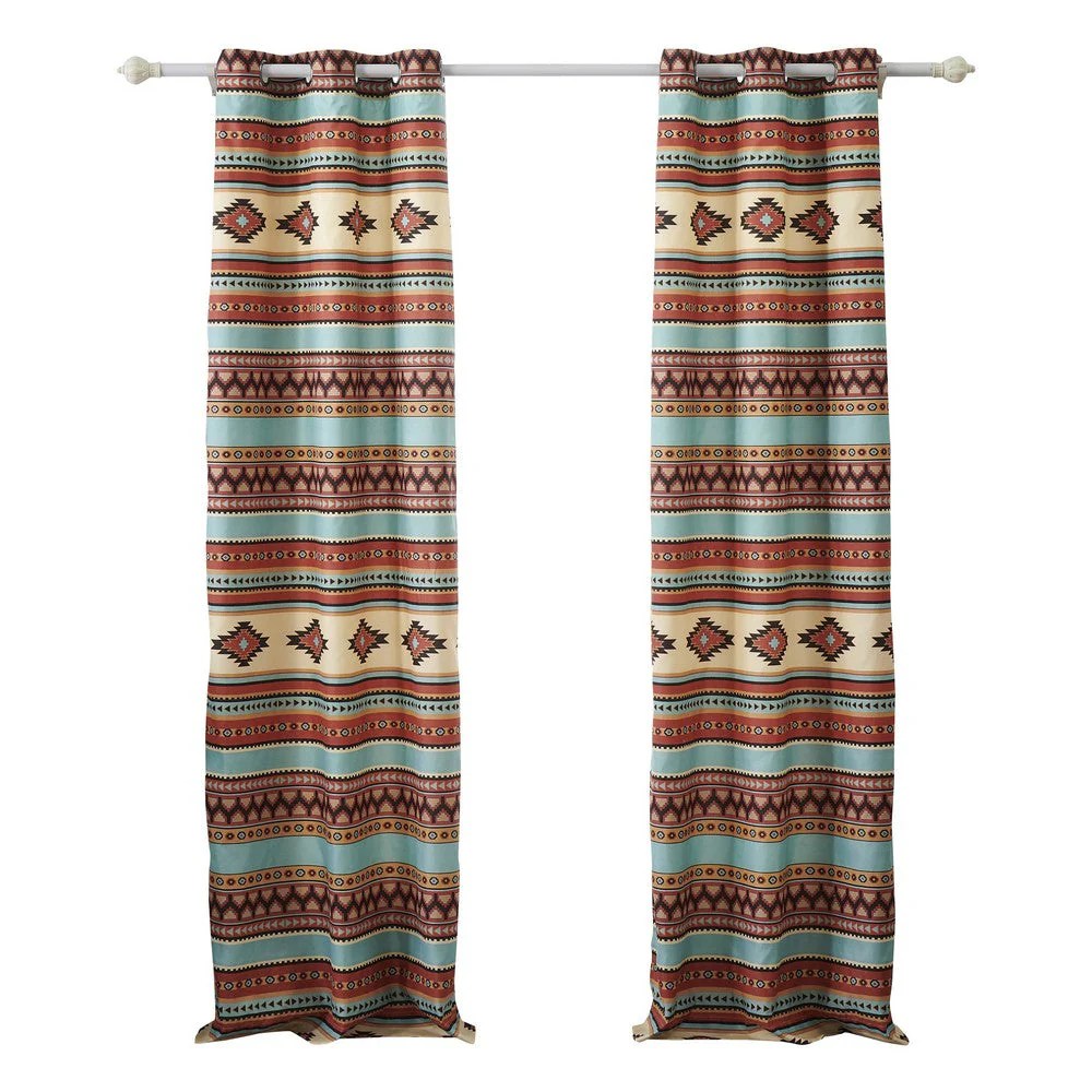 Southwest Microfiber Grommet Curtains 84 Inch, Geometric Print, 2 Panels + Tiebacks, Privacy Lined, Machine Washable
