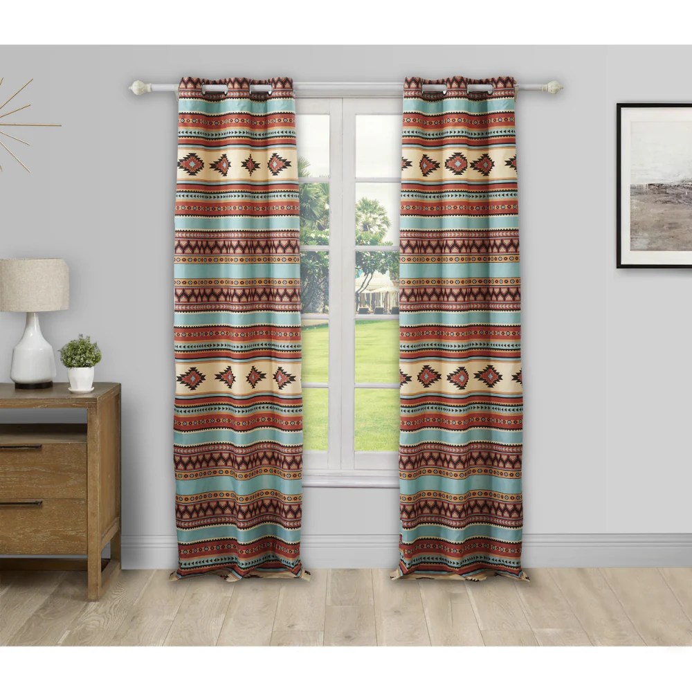 Porto 84 Inch Tropical Palm Leaf Curtains, Green & Blue, 2 Panels + Tiebacks, Microfiber, Lined, Machine Washable