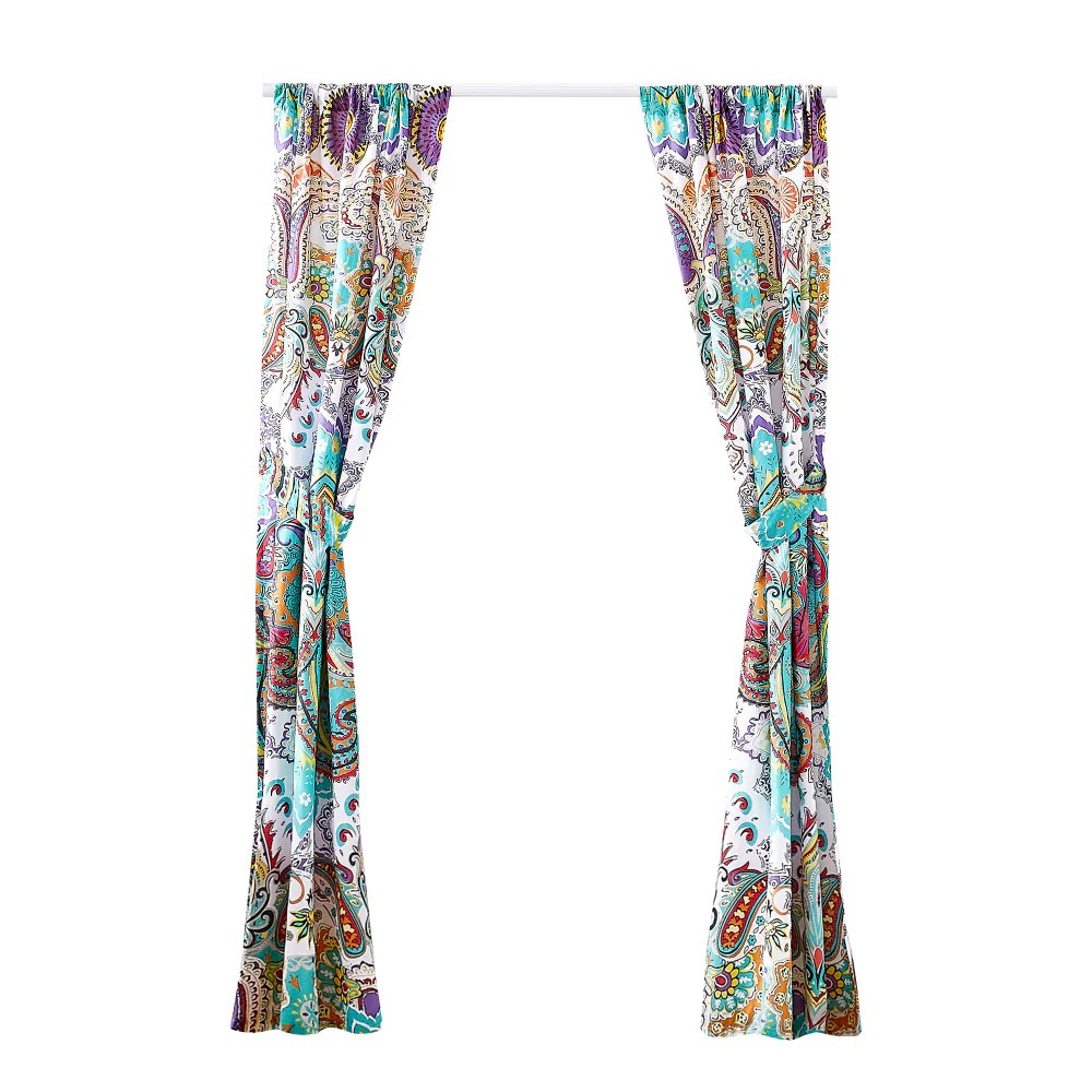 Vana 84 Inch Paisley Window Curtains, Turquoise Blue Pink Yellow Rod Pocket Panels, Microfiber, Privacy Liner, Tiebacks, Set of 2