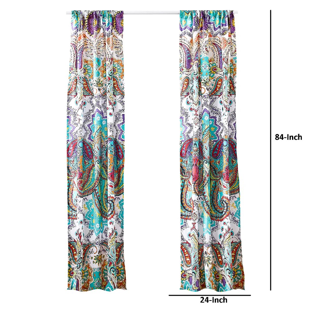 Vana 84 Inch Paisley Window Curtains, Turquoise Blue Pink Yellow Rod Pocket Panels, Microfiber, Privacy Liner, Tiebacks, Set of 2