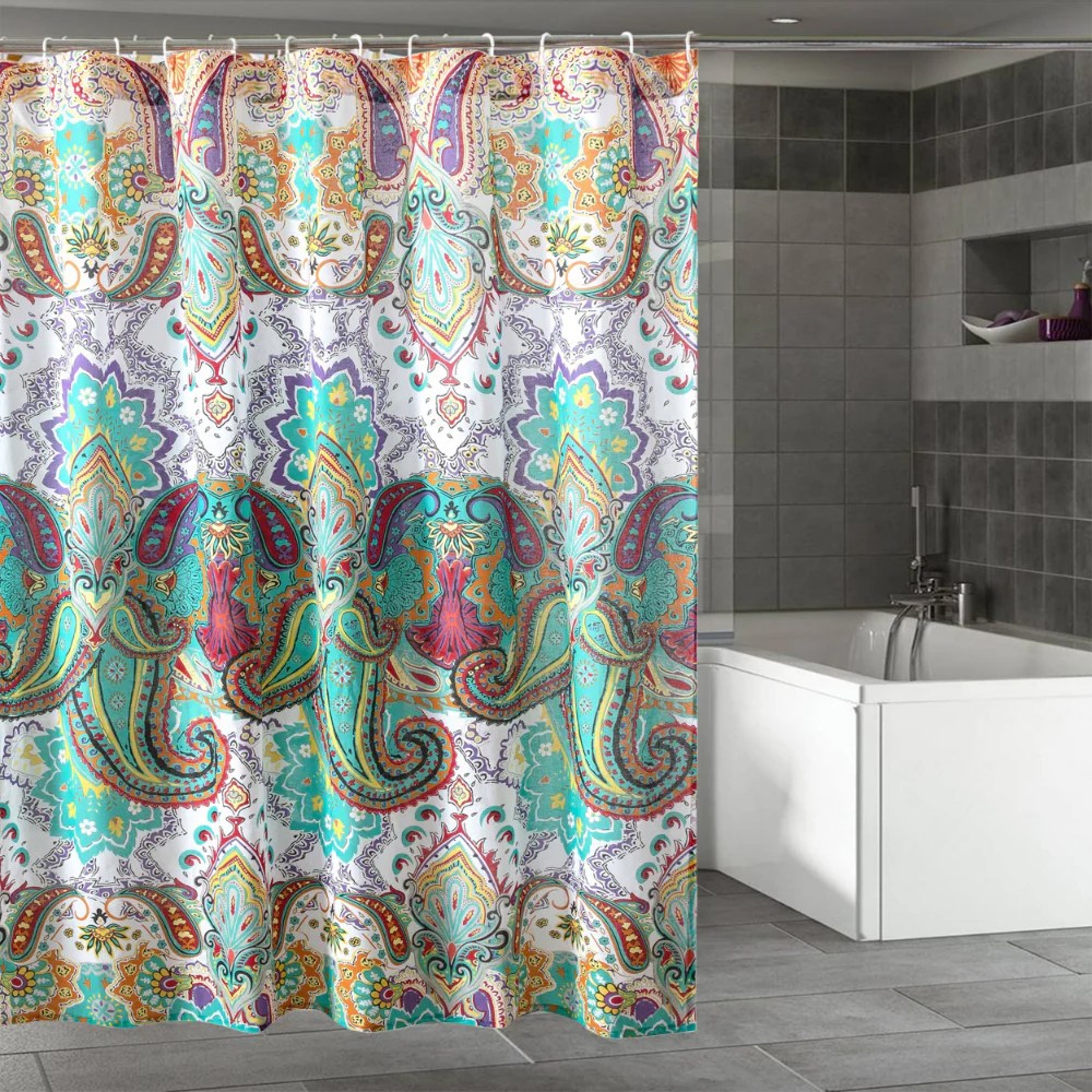 Vana 72x72 Inch Microfiber Shower Curtain - Blue Red Paisley Floral Print Bathroom Decor