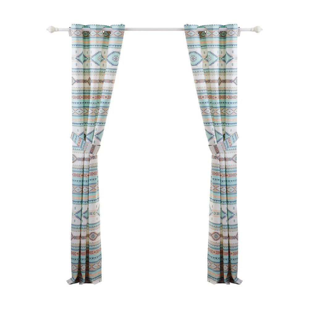 Kiev 84 Inch Blue Southwest Microfiber Grommet Curtains, 2 Panels + Tiebacks, Lined, Machine Washable, Geometric Design