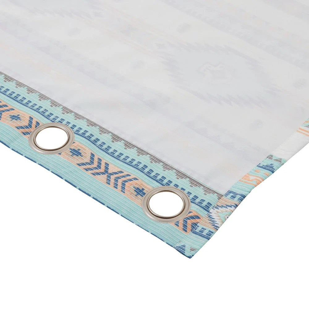 Kiev 84 Inch Blue Southwest Microfiber Grommet Curtains, 2 Panels + Tiebacks, Lined, Machine Washable, Geometric Design