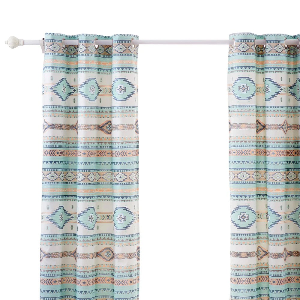 Kiev 84 Inch Blue Southwest Microfiber Grommet Curtains, 2 Panels + Tiebacks, Lined, Machine Washable, Geometric Design