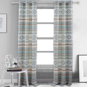 Kiev 84 Inch Blue Southwest Microfiber Grommet Curtains, 2 Panels + Tiebacks, Lined, Machine Washable, Geometric Design