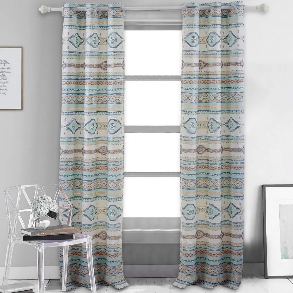 Kiev 84 Inch Blue Southwest Microfiber Grommet Curtains, 2 Panels + Tiebacks, Lined, Machine Washable, Geometric Design