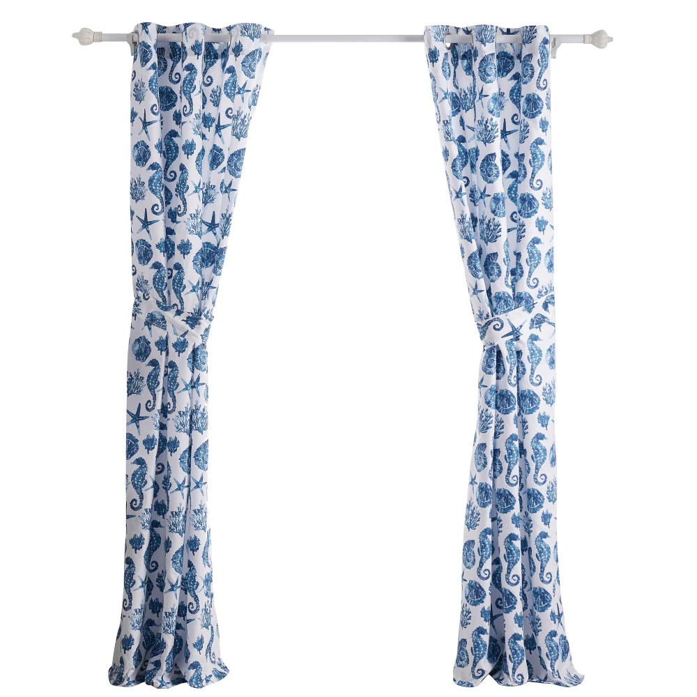 All Nested Riga 84 Inch Blue Seashell Microfiber Window Curtains with Tiebacks - Coastal Decor Rod Pocket Panels (Set of 2)