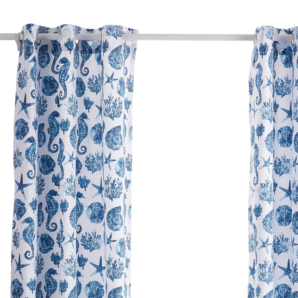 All Nested Riga 84 Inch Blue Seashell Microfiber Window Curtains with Tiebacks - Coastal Decor Rod Pocket Panels (Set of 2)