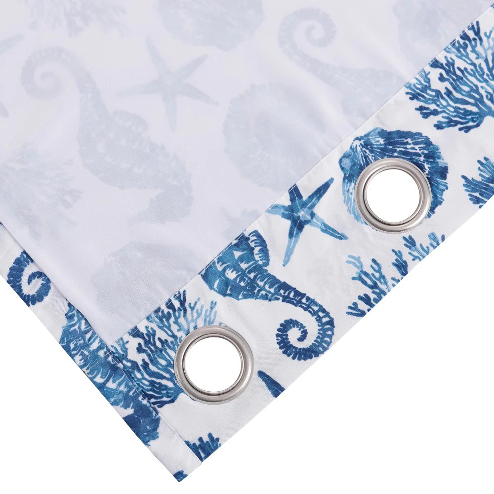 All Nested Riga 84 Inch Blue Seashell Microfiber Window Curtains with Tiebacks - Coastal Decor Rod Pocket Panels (Set of 2)