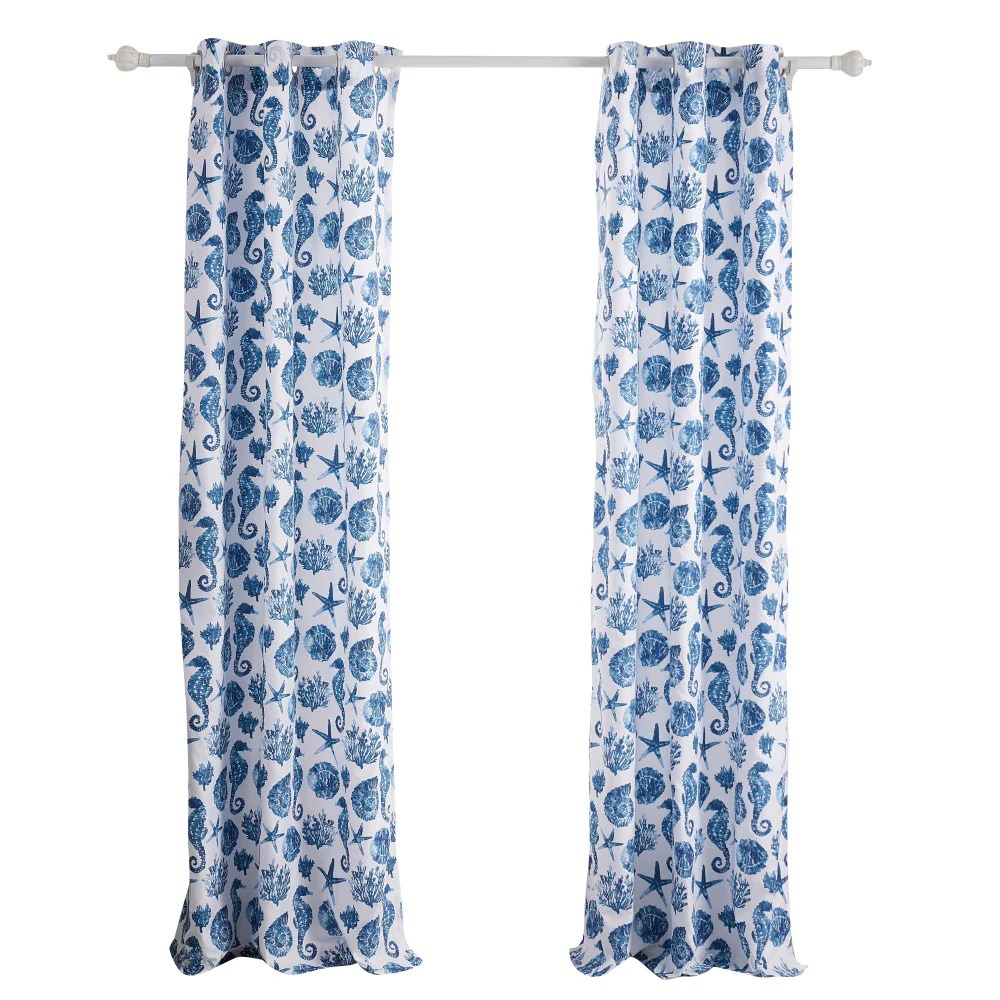 All Nested Riga 84 Inch Blue Seashell Microfiber Window Curtains with Tiebacks - Coastal Decor Rod Pocket Panels (Set of 2)