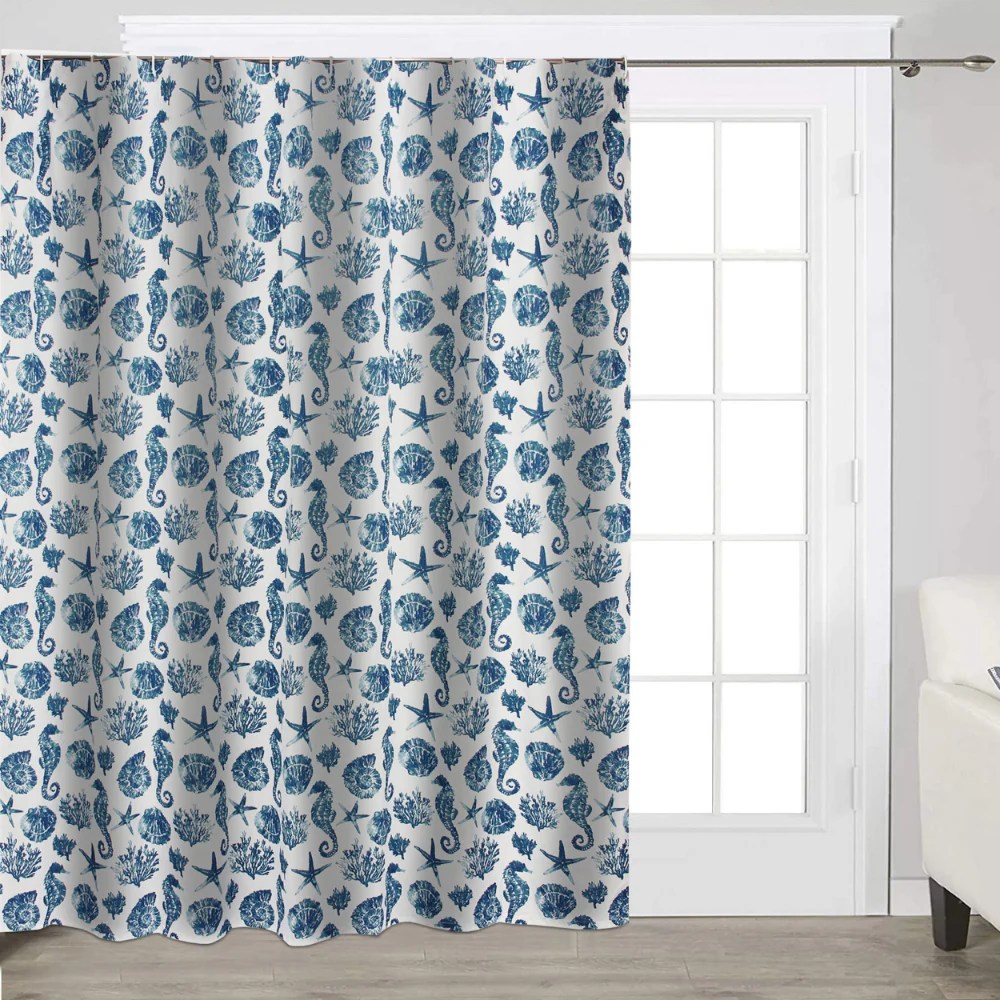 Riga 72x72 Inch Blue Seashell Shower Curtain, Microfiber, Buttonhole, Coastal Beach Bathroom Decor