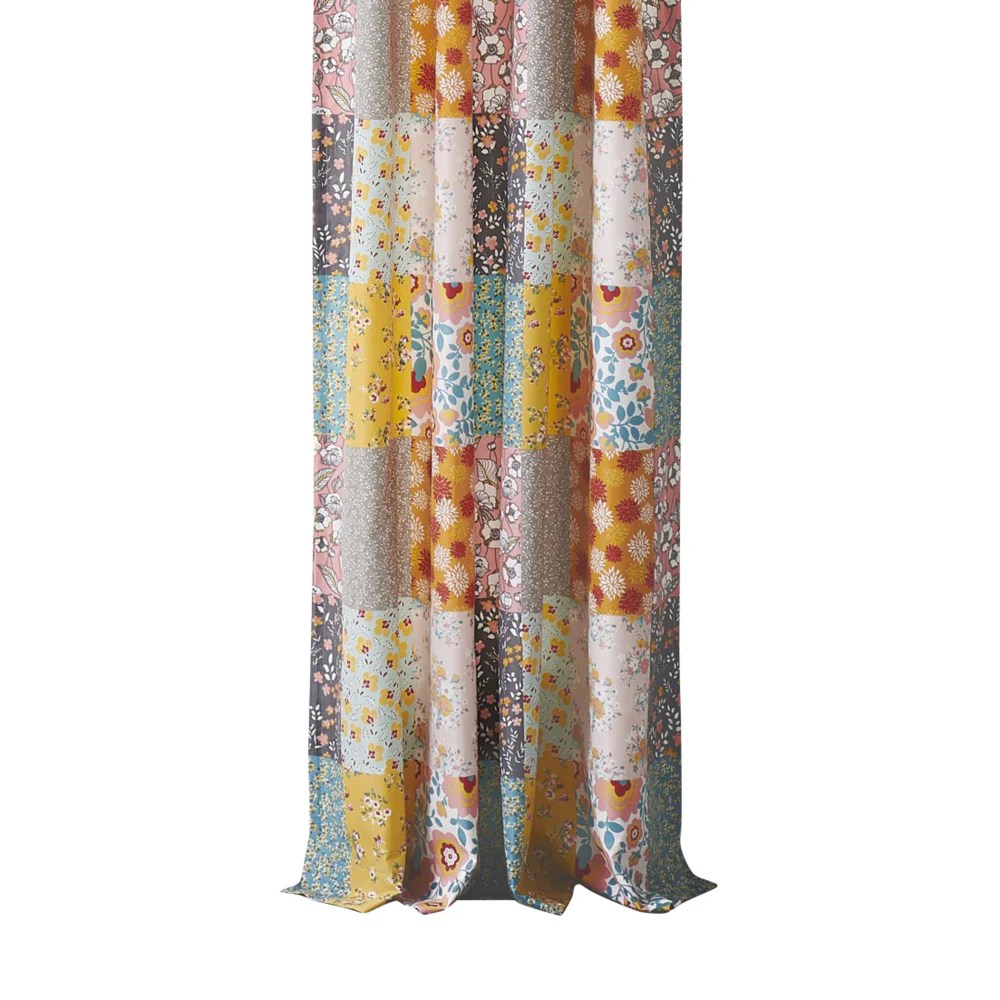 Turin 84 Inch Long Patchwork Flower Curtains, Brushed Microfiber, 2 Panels, Tiebacks, Privacy Liner, Rod Pocket, Multicolor Bohemian Decor