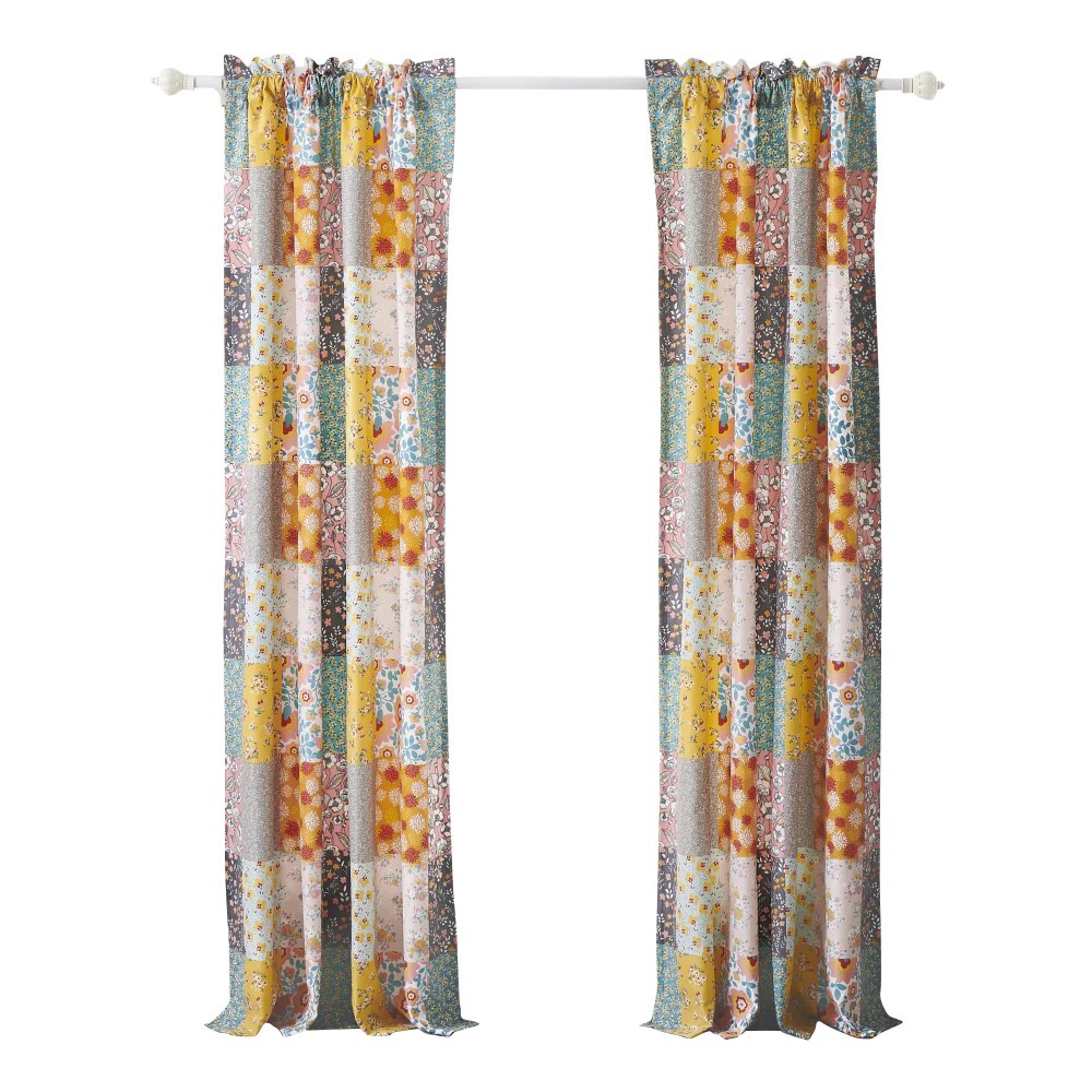 Turin 84 Inch Long Patchwork Flower Curtains, Brushed Microfiber, 2 Panels, Tiebacks, Privacy Liner, Rod Pocket, Multicolor Bohemian Decor