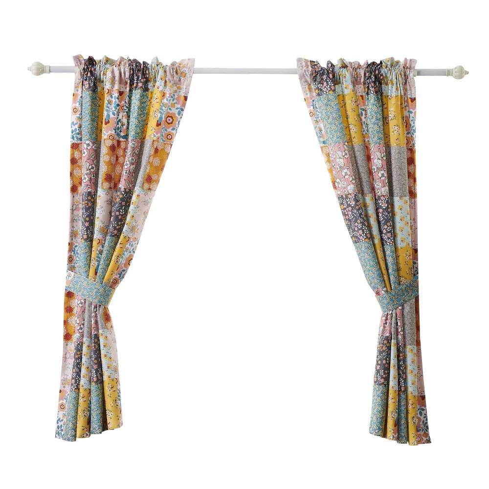 Turin 63 Inch Patchwork Flower Curtains, Brushed Microfiber, 2 Panels, Tiebacks, Rod Pocket, Privacy Liner, Multicolor Bohemian Decor
